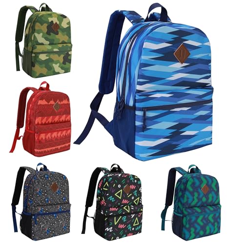 24-Pack 17" Bulk Backpacks for Middle School Students, Bookbags in 6 Assorted Prints, Durable School Backpacks for School Drives, Donations, and Giveaways - color: Assorted 4 X 6 Colors
