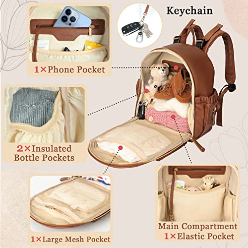 miss fong Small Diaper Bag Mini Diaper Bag Backpack Mini Backpack with 11 Pockets Baby Diaper Bag with Hand Sanitizer Holder, 2 Insulated Pockets - color: Brown