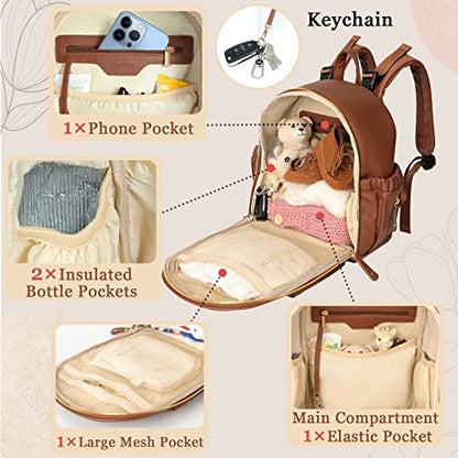 miss fong Small Diaper Bag Mini Diaper Bag Backpack Mini Backpack with 11 Pockets Baby Diaper Bag with Hand Sanitizer Holder, 2 Insulated Pockets - color: Brown