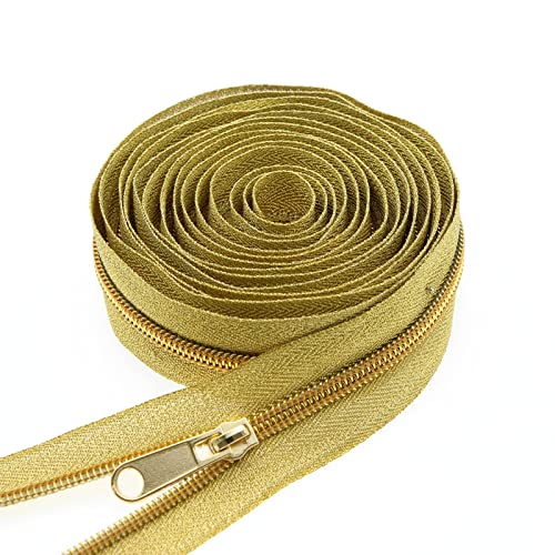 5# Gold Metallic Nylon Coil Zippers by The Yard, Bulk Gold Zipper Tape 10 Yards with 20Pcs Pulls for DIY Sewing Craft Bags YIGUANXIN - color: Gold