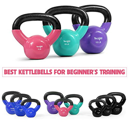 Yes4All Kettlebell, Vinyl Coated Kettlebell Cast Iron Sets with Stable Flat Bottom for Full Body Workout, Push up, Grip Strength Training & Weights Exercises - color: Multicolor, style: 5 - 15lb