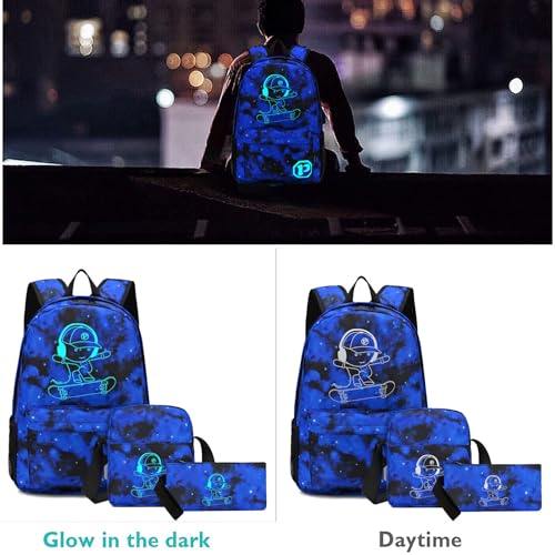 School Backpack for Boys, Elementary Kids Backpack Middle School Bags College Bookbag Travel Daypack for Teen Boys and Girls, Skateboard Anime Luminous Lightweight Laptop Bag - style: Skateboard-blue2