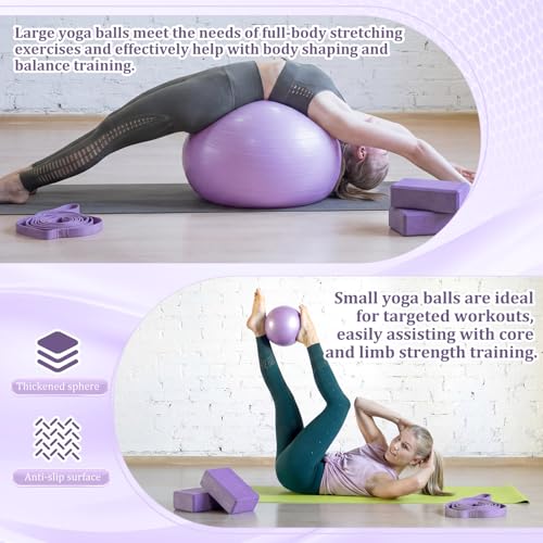 Pilates Set with 2 Yoga Exercise Balls (25.6”&9.8”), Yoga Block, Stretch Strap & Foot Pump, Stability Fitness Ball Kit for Home Gym Equipment Workout Pregnancy Physical Therapy - color: Purple