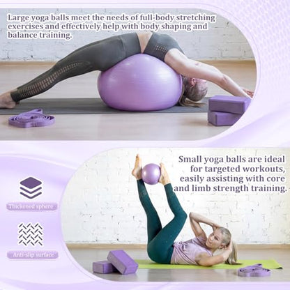 Pilates Set with 2 Yoga Exercise Balls (25.6”&9.8”), Yoga Block, Stretch Strap & Foot Pump, Stability Fitness Ball Kit for Home Gym Equipment Workout Pregnancy Physical Therapy - color: Purple