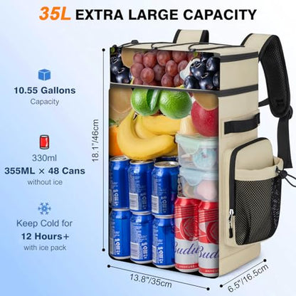 Insulated Cooler Backpack, 35L Leakproof Backpack with Double Compartments for Men & Women, Large Lunch Cooler for Camping, Beach, Travel, Picnic, Up to 48 Cans - color: Beige