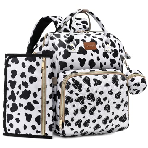 ROSEGIN Diaper Bag Backpack with Changing Pad, Pacifier Case, Baby Bag for Boy Girl Toddler - Large, Stylish, Waterproof Travel Quilted Diaper Bag for Mom - Baby Shower Registry - Cow - color: Cow Print