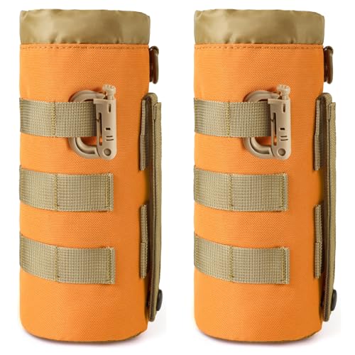FRTKK Tactical MOLLE Water Bottle Pouch with Drawstring Open Top & Mesh Bottom, Military Water Bottle Holder Bag Sports Travel Hydration Carrier - color: Orange-2Pack