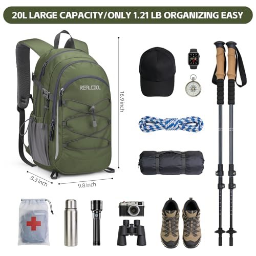 RealCool 20L Lightweight Hiking Backpack, Waterproof Daypack for Camping | 210D tear-resistant nylon, breathable shoulder and back panel, Multi-Compartment,hydration system,reflective strip,bungee net - color: Army Green, size: 20L