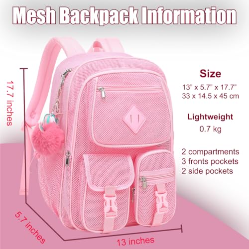 Mesh Backpack for Girls Boys, Heavy Duty Semi-Transparent Mesh Bookbag, Unisex, Pink, Large, Daypack Backpack, 21L, School, Sports, Beach, Travel - color: Pink