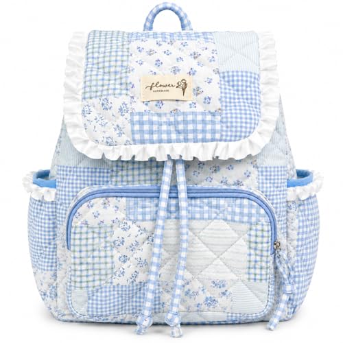 Quilted Mini Backpack For Women,Small Cute Cotton Floral Backpack Purse, Drawstring Daypack For Travel Daily Use (green blue patchwork, M) - color: Green Blue Patchwork