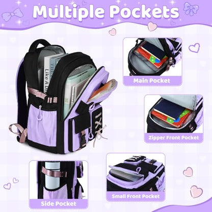 Girls Backpack with Lunch Box, 5pc Cute Bookbag for Kids Teen, Kawaii Aesthetic Elementary School Backpack - color: Purple Black