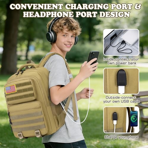 Camo Backpack for Boys, Tactical Boys Backpack with Lunch Box Pencil Case, Kids Backpacks with USB Charging Port, Military Army School Bookbag for Teen Boy Elementary Middle High School Camp - color: Brown