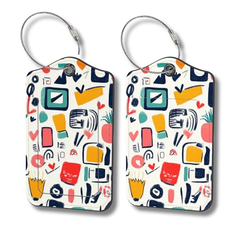 Luggage Tags for Suitcases, 2-Pack PU Leather for Cruise & Travel, Baggage ID Tags with Privacy Cover & Address Card, Durable Metal Ring, Kids Adults Travel Accessories, Abstract Doodles - color: Abstract Doodles