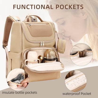 Large Leather Diaper Bag Backpack, Baby Travel Bag with Changing Pad, Insulated Pockets, Stroller Straps and Pacifier Case, Water-Resistant Diaper Bag for Mom and Dad, Khaki - color: Khaki
