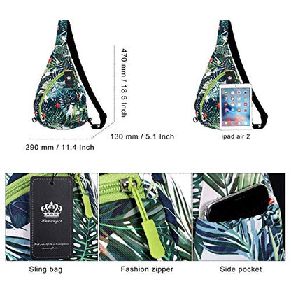 HUA ANGEL Crossbody Sling Bag for Men & Women Lightweight Waterproof Chest Shoulder Bag for Travel Hiking & Everyday Use - color: Green Leaf Print