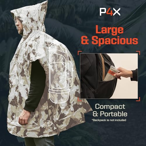 PREPARED4X Emergency Mylar Poncho – Survival Rain Poncho with Hood – Lightweight, Compact, Reusable Emergency Blanket Poncho for Hiking, Camping, Thermal Gear, Car Kit, Outdoors - color: Snow Camo 4-pack