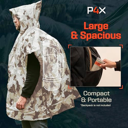 PREPARED4X Emergency Mylar Poncho – Survival Rain Poncho with Hood – Lightweight, Compact, Reusable Emergency Blanket Poncho for Hiking, Camping, Thermal Gear, Car Kit, Outdoors - color: Snow Camo 4-pack