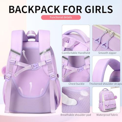 CYOQX 3PCS School Backpack for Girls with Lunch Box Teen Girl Backpack Set Elementary Middle High School Bag Cute Bookbags (Purple 3pcs) - color: Purple 3pcs
