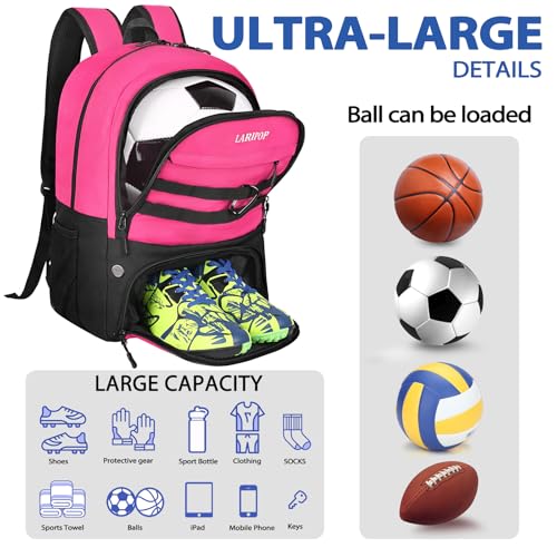 LARIPOP Soccer Backpack with Ball Holder & Shoe Compartment Large Capacity Sports Bag for Training - color: Pink