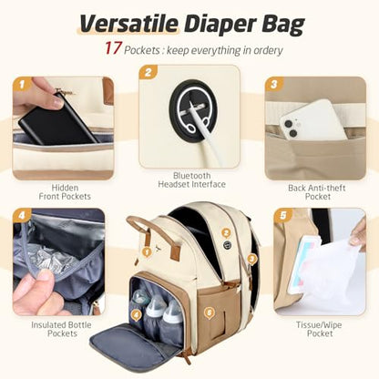 Diaper Bag Backpack - Extra Large Diaper Bag for 2 Kids Twin, Travel Baby Bags for Mom Dad 25-37L Expandable with Changing Pad Earphone Hole, Apricot Beige - color: Beige & Apricot