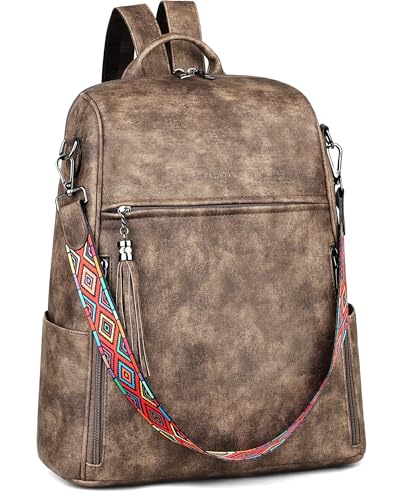 FADEON Leather Laptop Backpack for Women Designer 15.6 inch PU Laptop Bag, Ladies Travel Computer Work Backpack Grey - color: Coffee Brown