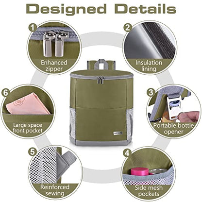 Insulated Cooler Backpack Outdoor - Leak Proof Backpack Cooler 30 Cans, Waterproof Lightweight Cooler Bag for 12h Hot/Cold Retention - Soft Cooler for Travel, Camping, Beach, Lunch - color: Olive-Green