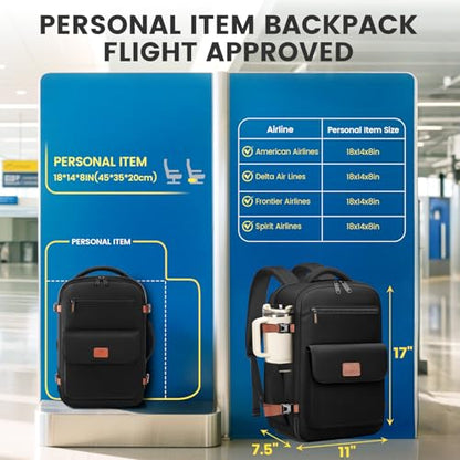 MATEIN Personal Item Backpack 18x14x8 for Frontier, Underseat Travel Backpack with Water Bottle Holder Fit 15.6" Laptops, TSA Approved Luggage Bag with Shoe Compartment for Airlines, 2 Pcs Set - color: Black