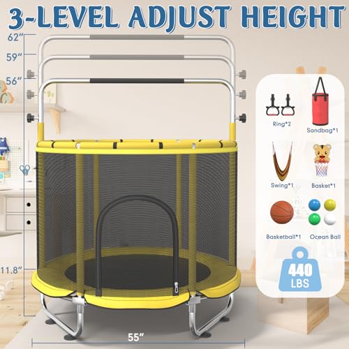 Trampoline for Kids, 55" Indoor & Outdoor Toddler Trampoline, Anti-Rollover Bottom Kids Toys with Adjustable Gymnastics Bars, Toddler Swing, Basketball Hoop - color: Yellow