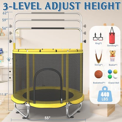 Trampoline for Kids, 55" Indoor & Outdoor Toddler Trampoline, Anti-Rollover Bottom Kids Toys with Adjustable Gymnastics Bars, Toddler Swing, Basketball Hoop - color: Yellow