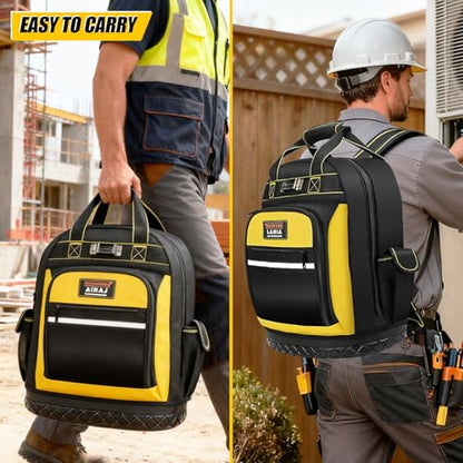 Tool Backpack,17"Heavy Duty Tool Backpack Bag with Waterproof Molded Base,Durable Multi-Use Pocket Electrician & Industrial & Construction Work Backpack,Black/Yellow