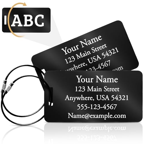Personalized Aluminum Luggage Tags – Permanent Laser Engraved Metal Suitcase Tags for Travel – Custom Name & Contact ID for Checked Bags & Carry On – Set of 2 (Black) - color: Black