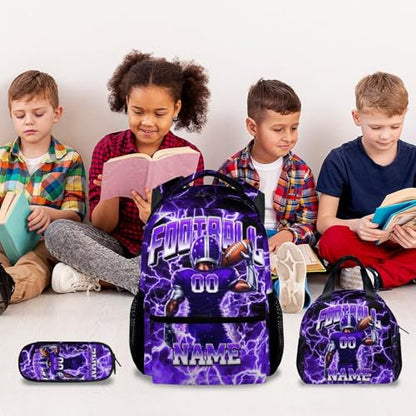 UNIKITTY Boys Football Backpack Set, Personalized School Backpack with Lunch Box & Pencil Case; 17 Inch Large Capacity Football Bookbag, Water Resistant for Kids Teens Elementary & Middle School - color: Purple