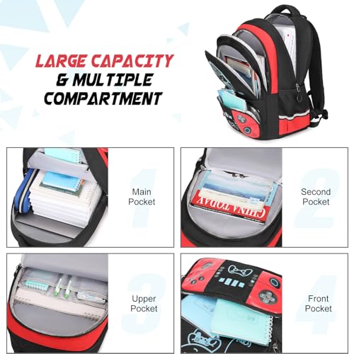 Bevalsa Backpack for School Boys, Cool Luminous Gamer Boys Schoolbag with Lunch Box & Pencil Case Set for Kids Teens Elementary Middle School, Bookbag Glow In The Dark(Red Backpack) - color: Red, style: Backpack
