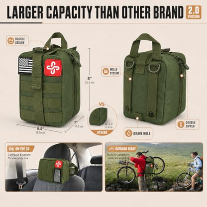 Survival Kit, 250Pcs Survival Gear First Aid Kit with Molle System Compatible Bag and Emergency Tent, Emergency Kit for Earthquake, Outdoor Adventure, Hiking, Hunting, Gifts for Men Women - color: D-Green