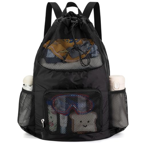 Swim Bag for Kids Mesh Beach Backpack for Boys Lightweight Drawstring Beach Bag Swimming Pool Sports Gym String Bag (Black) - color: All-Black
