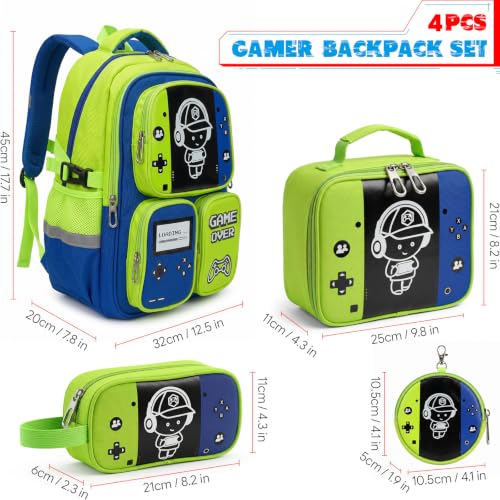 Boys Backpack, Luminous Gamer Backpack for Boys with Lunch Box,Pencil Case and Coin Puese,Kids Schoolbag Bookbag for Teen Boy Elementary Middle High School Travel - color: Green