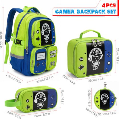Boys Backpack, Luminous Gamer Backpack for Boys with Lunch Box,Pencil Case and Coin Puese,Kids Schoolbag Bookbag for Teen Boy Elementary Middle High School Travel - color: Green