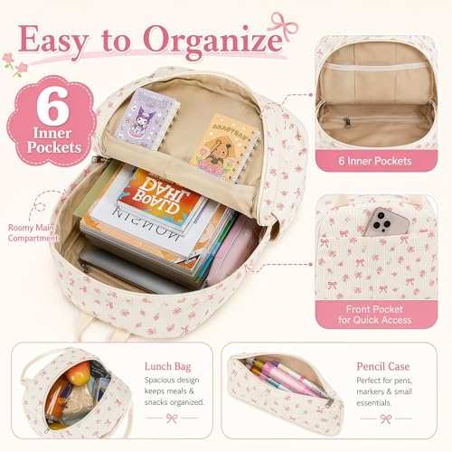 Bluboon School Backpack Set Girls Womens Laptop Bookbag Casual Daypack Fits 15 inch Laptop with Lunch Tote Bag and Pencil Bag - color: Pink Bow Flower 212-beige