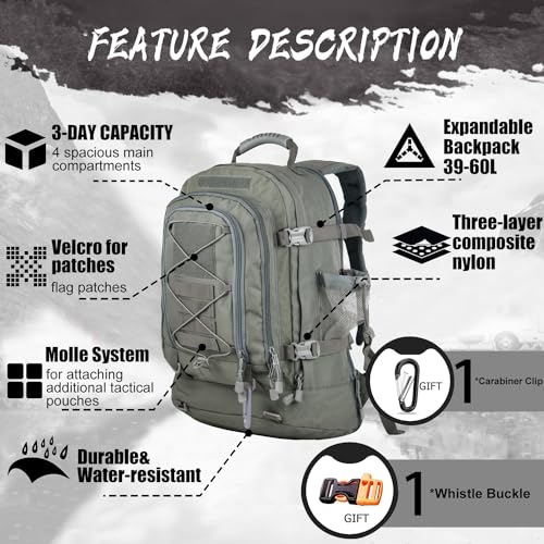 Expandable 40-64L Military Tactical Backpack 3 Day Bag Hiking Gym Sport Camping - color: Gray