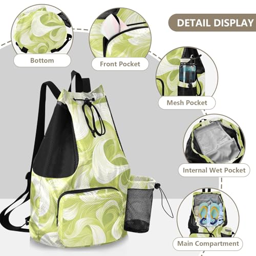 Drawstring Gym Sackpack With Pockets Mens Drawstring Bags with Wet Dry Compartments Leaf Wave Pattern Green