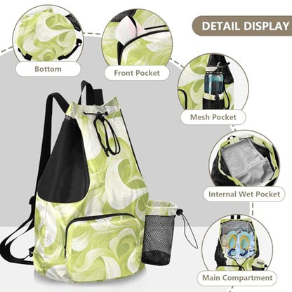 Drawstring Gym Sackpack With Pockets Mens Drawstring Bags with Wet Dry Compartments Leaf Wave Pattern Green