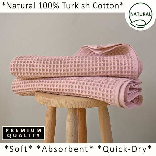 PÜSKÜL Natural 100% Turkish Cotton Waffle Bath Towels Set of 2-Piece | 32x63 inch Extra Large Absorbent Quick-Dry Lightweight Spa Towel | Luxury Sauna Accessories (Pink Powder Bath Towels - Pack of 2) - color: Pink Powder