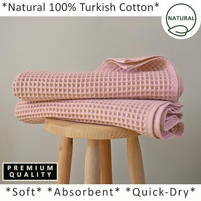PÜSKÜL Natural 100% Turkish Cotton Waffle Bath Towels Set of 2-Piece | 32x63 inch Extra Large Absorbent Quick-Dry Lightweight Spa Towel | Luxury Sauna Accessories (Pink Powder Bath Towels - Pack of 2) - color: Pink Powder