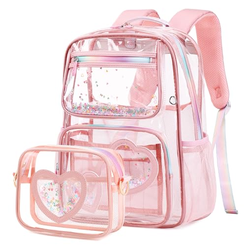 Clear Backpack for Girls,Transparent Backpacks Crossbody Bag for Kids Elementary School Student,Heavy Duty See Through Daypack 2PCS Bookbag Stadium Approved for Teen,College,Work,Travel,Concert Pink - color: Pink