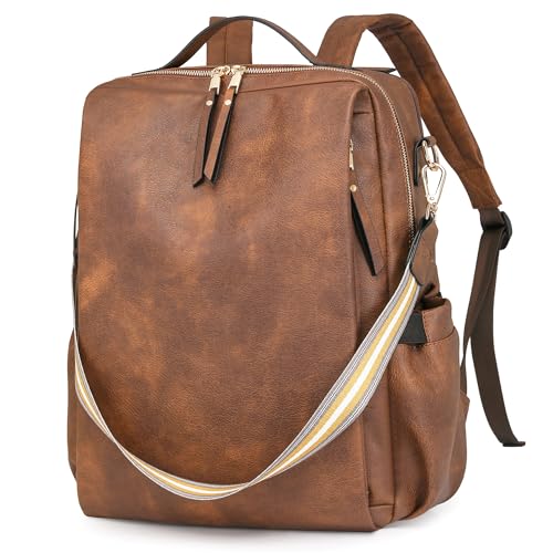 Dora & Liz Laptop Backpack for Women, Leather Travel Backpack with 15.6 Inch Laptop Compartment, College Work Computer Bag - color: Caramel