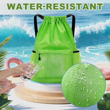 Tygelluis Drawstring Backpack, Waterproof Gym Bag with Water Bottle Pocket for Women Men, Pull String Sport Bag for Swim, Soccer and Basketball,Green - color: Green1