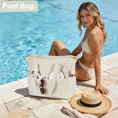 LEDAOU Beach Bag Waterproof Sandproof Women Beach Tote Pool Bag with Zipper for Swim Gym Grocery Travel with Wet Pocket | Sandproof - color: Light Khaki White Stripes