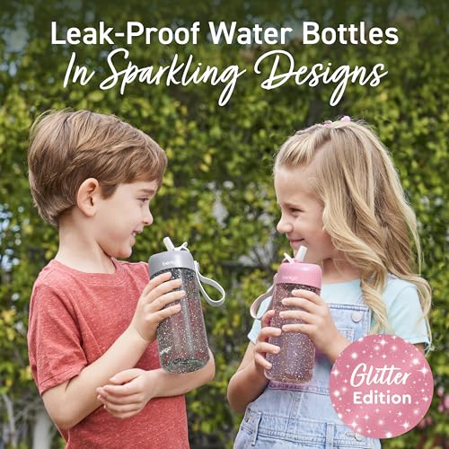 Bentgo Kids Water Bottle - Leak-Proof, Durable Tritan PFAS- & BPA-Free 15 fl oz, Kids/Toddlers Ages 3+ for School & Sports; Bite & Sip Spout, Carrying Handle, Dishwasher Safe (Petal Pink - Glitter) - color: Petal Pink