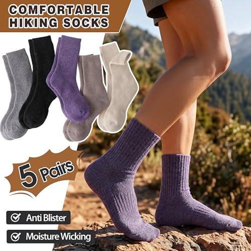 MOGGEI 5 Pairs Womens Merino Wool Socks Hiking Warm Winter Thick Thermal Crew Cozy Cabin Ladies Gift Comfy Boot Work Socks - color: Black/Grey/Light Violet/Light Coffee/White