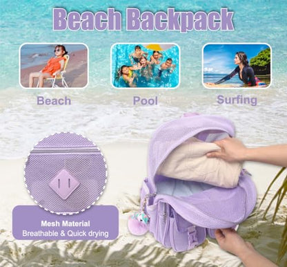 Mesh Backpack for Girls Boys, Heavy Duty Semi-Transparent Mesh Bookbag Womens Mens Mesh Backpacks for School, Sports, Beach, Swimming, Travel Purple - color: Purple